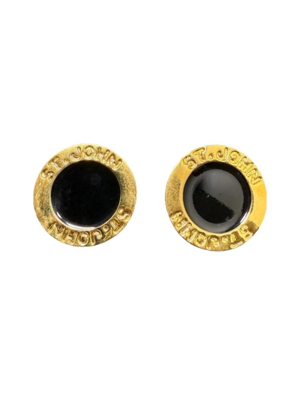 Vintage St John Logo Clip On Earrings Round Gold Tone Black Enamel Signed